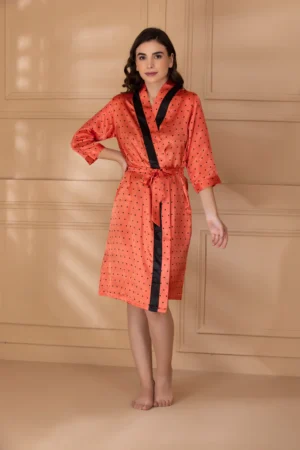 Orange Satin Polka Dot Printed Robe with Contrast Trim