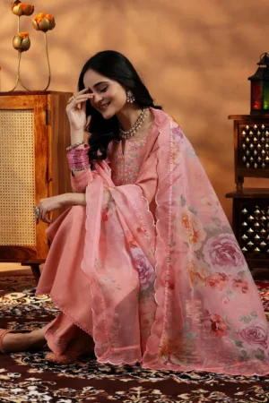 Peach Pink Embroidered Silk Suit with Floral Organza Dupatta