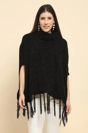 Black High-Neck Knitted Poncho with Tassel Fringe