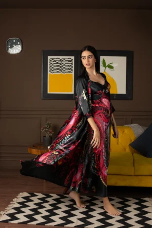 Black Satin Floral Printed 2-Piece Nightwear Set with Robe