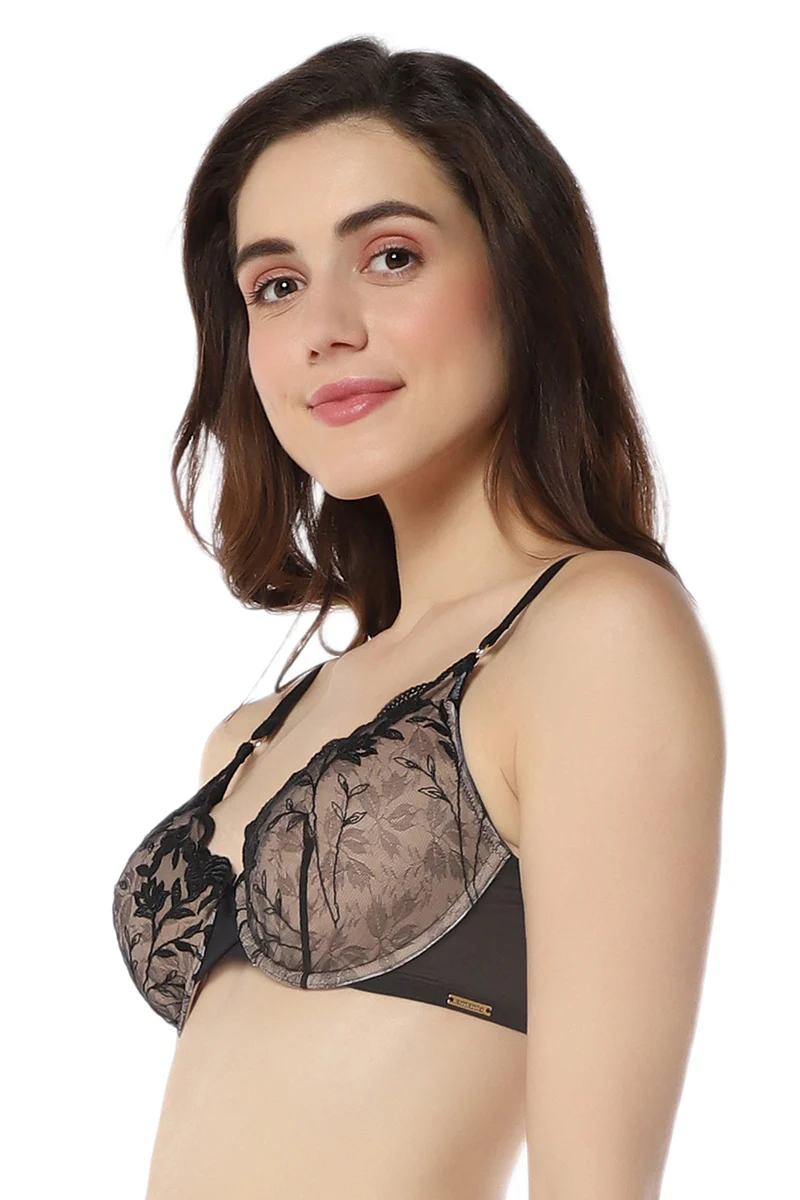 Black Floral Embroidered Lace Underwired Bra - Image 4