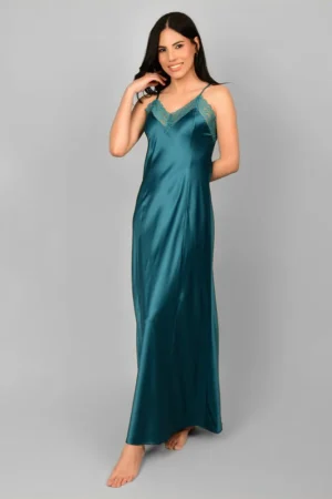 Emerald Teal Satin Maxi Nightgown with Lace Trim