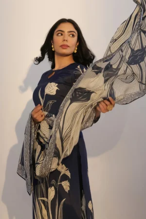 Navy Blue & Cream Bold Floral Printed Suit Set