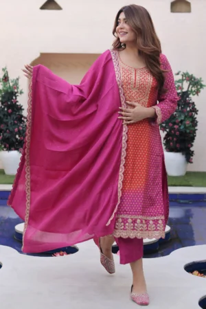Gradient Pink & Orange Embroidered Silk Blend Suit Set