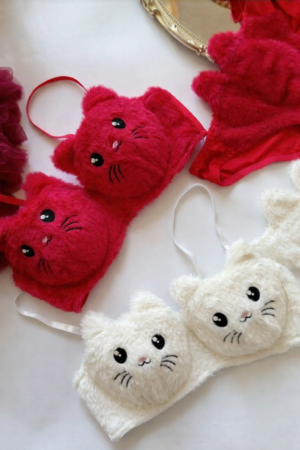 "Kitty Crush" Plush Cat-Face Lingerie Set (Available in Red & White)