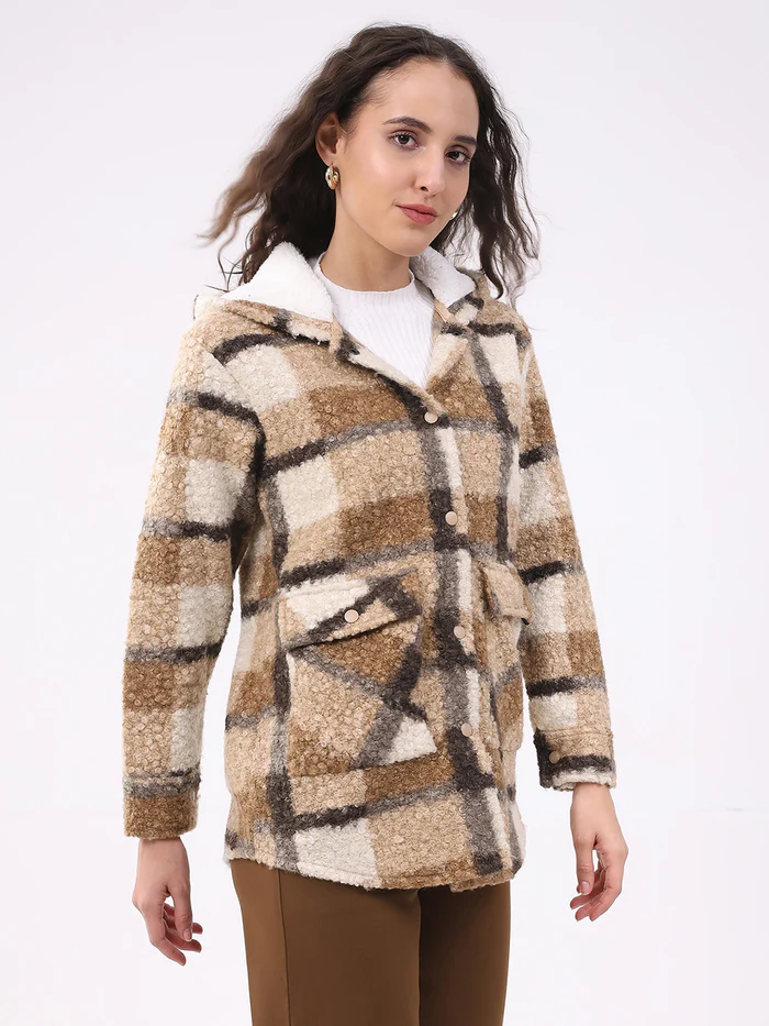 Beige Plaid Teddy Fleece Hooded Shacket - Image 3