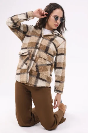 Beige Plaid Teddy Fleece Hooded Shacket