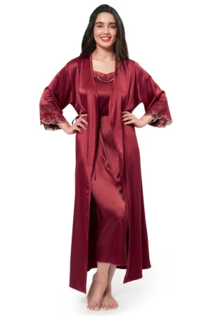 Berry Red Satin Long Nightwear Set with Lace-Trimmed Robe