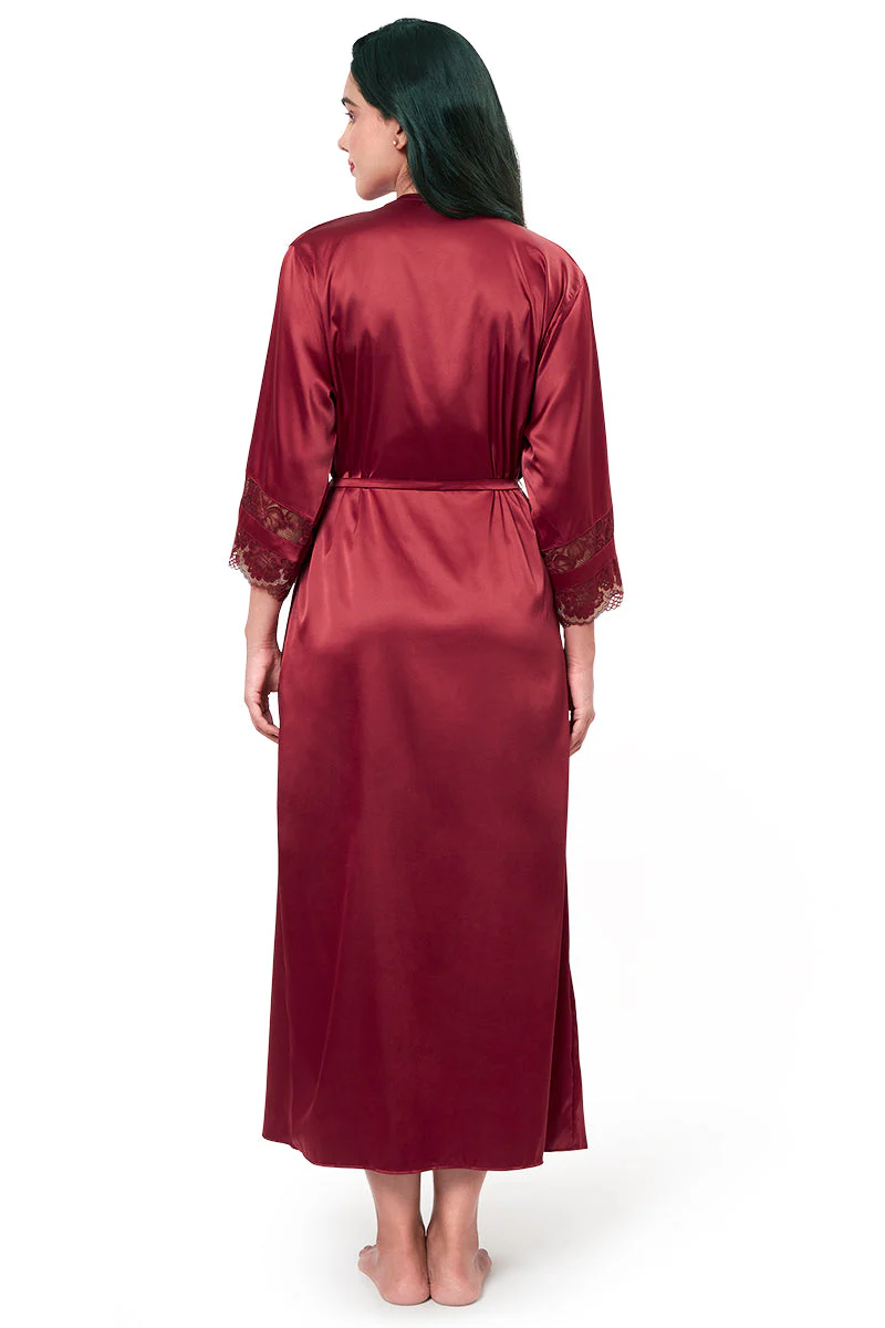 Berry Red Satin Long Nightwear Set with Lace-Trimmed Robe - Image 4