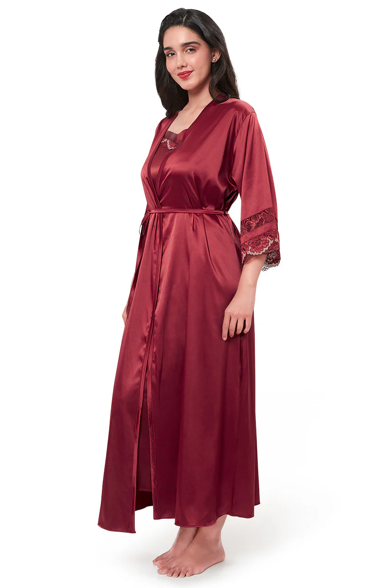 Berry Red Satin Long Nightwear Set with Lace-Trimmed Robe - Image 3