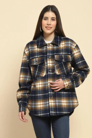Navy Blue & Brown Plaid Flannel Shacket