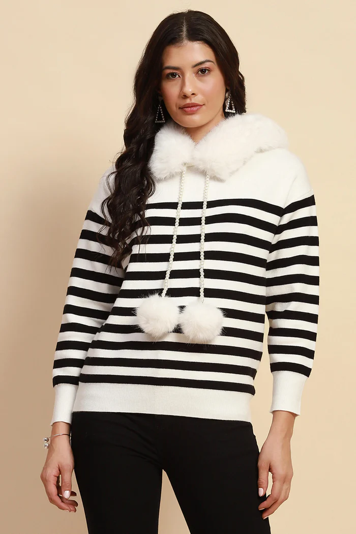 Black & White Striped Hooded Sweater with Pearl & Fur Details