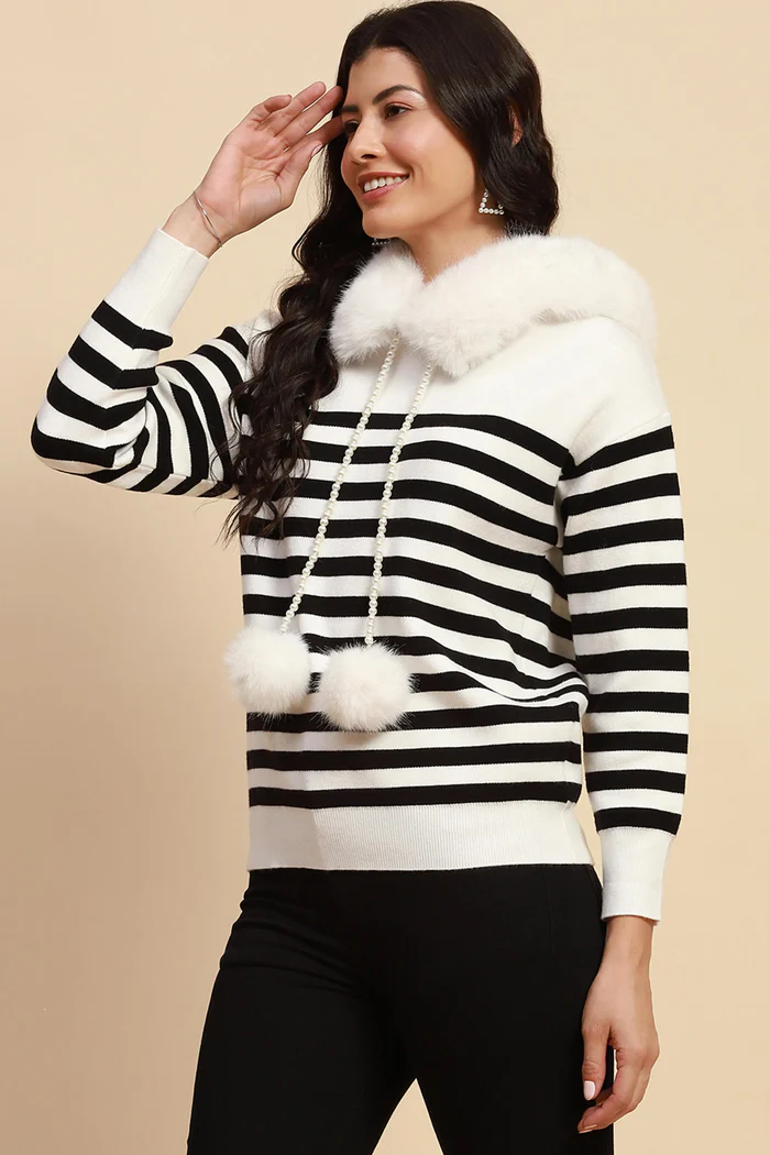 Black & White Striped Hooded Sweater with Pearl & Fur Details - Image 4