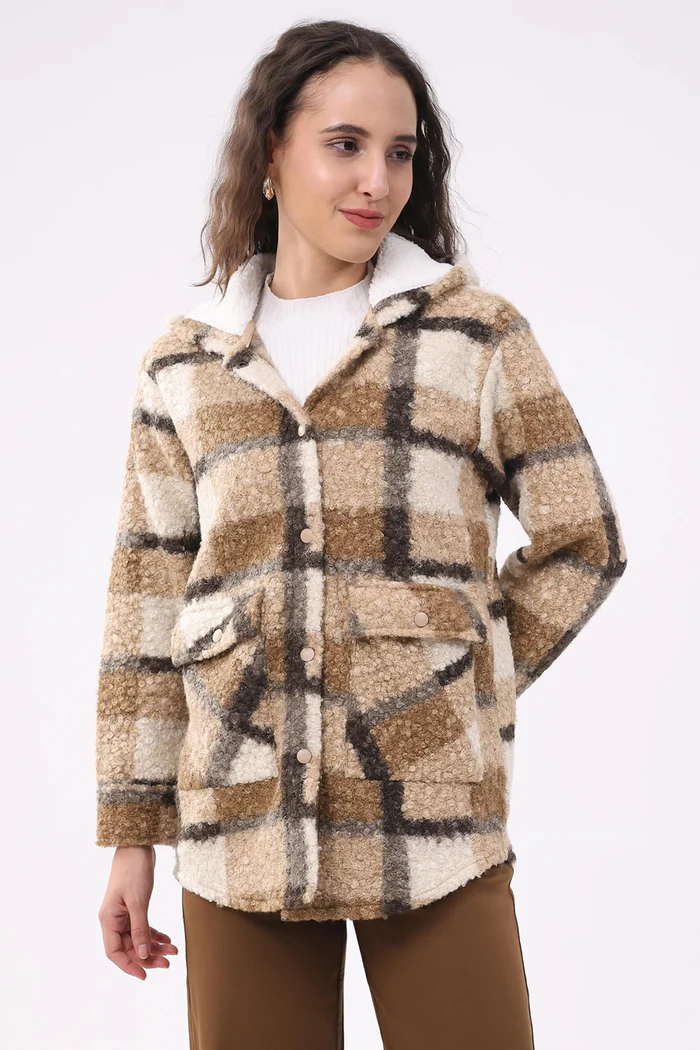 Beige Plaid Teddy Fleece Hooded Shacket - Image 8