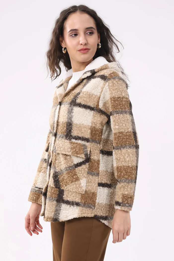 Beige Plaid Teddy Fleece Hooded Shacket - Image 7
