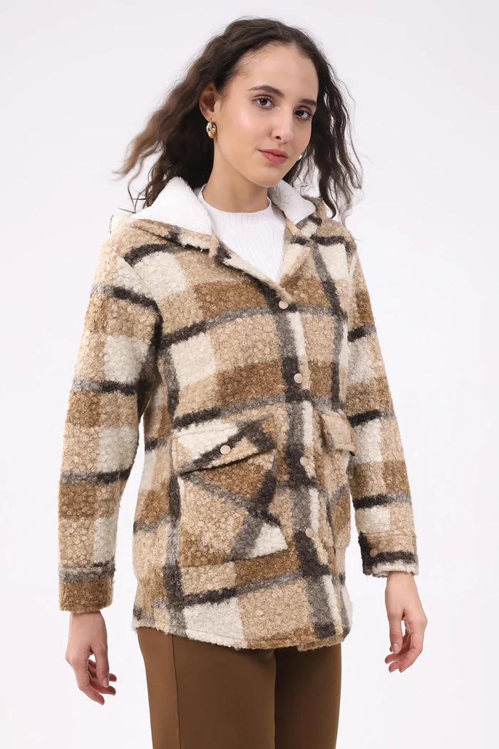 Beige Plaid Teddy Fleece Hooded Shacket - Image 6