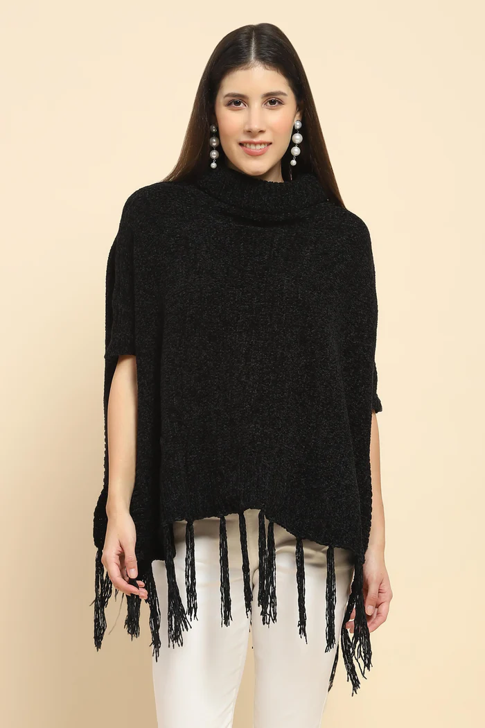 Black High-Neck Knitted Poncho with Tassel Fringe - Image 7
