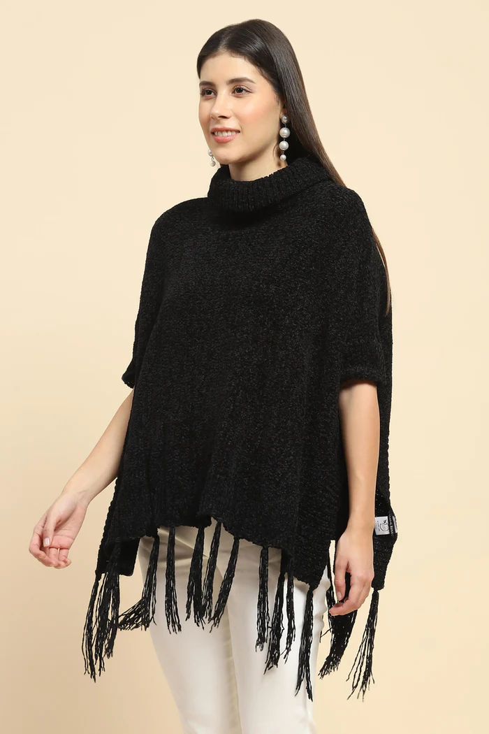 Black High-Neck Knitted Poncho with Tassel Fringe - Image 6