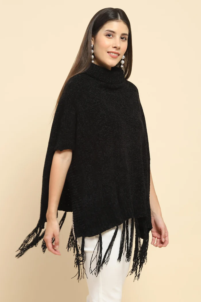 Black High-Neck Knitted Poncho with Tassel Fringe - Image 5