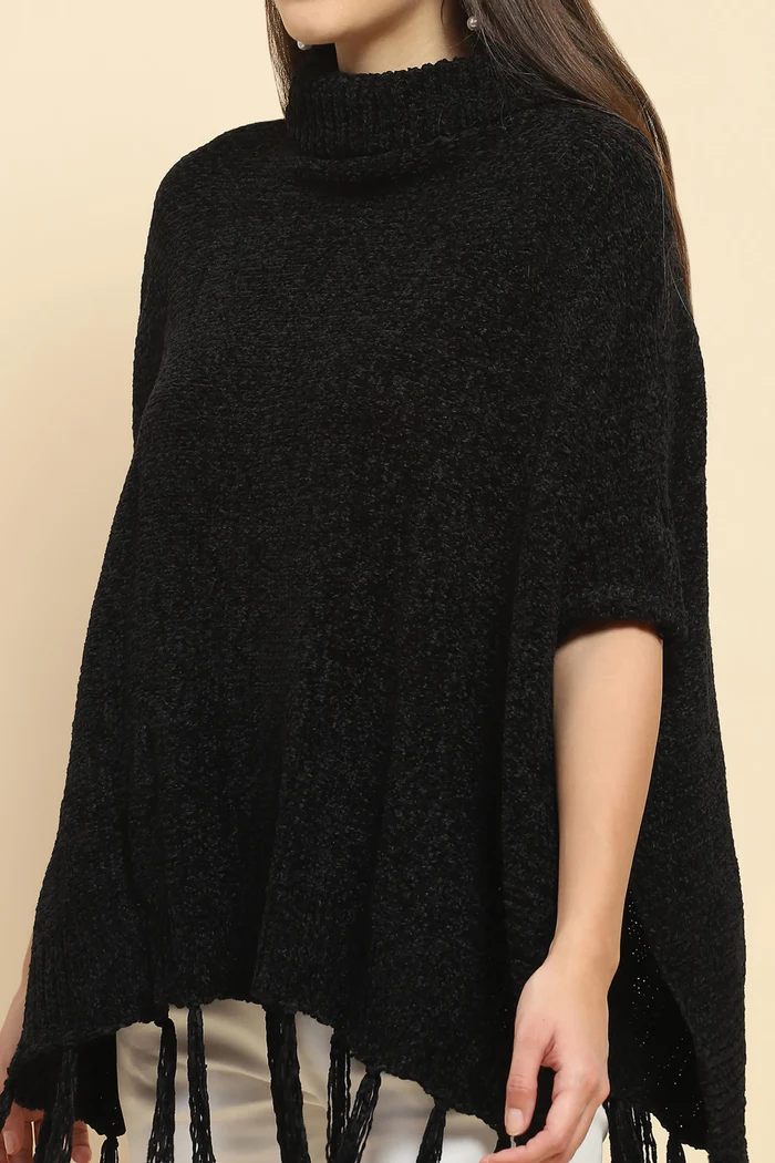 Black High-Neck Knitted Poncho with Tassel Fringe - Image 4