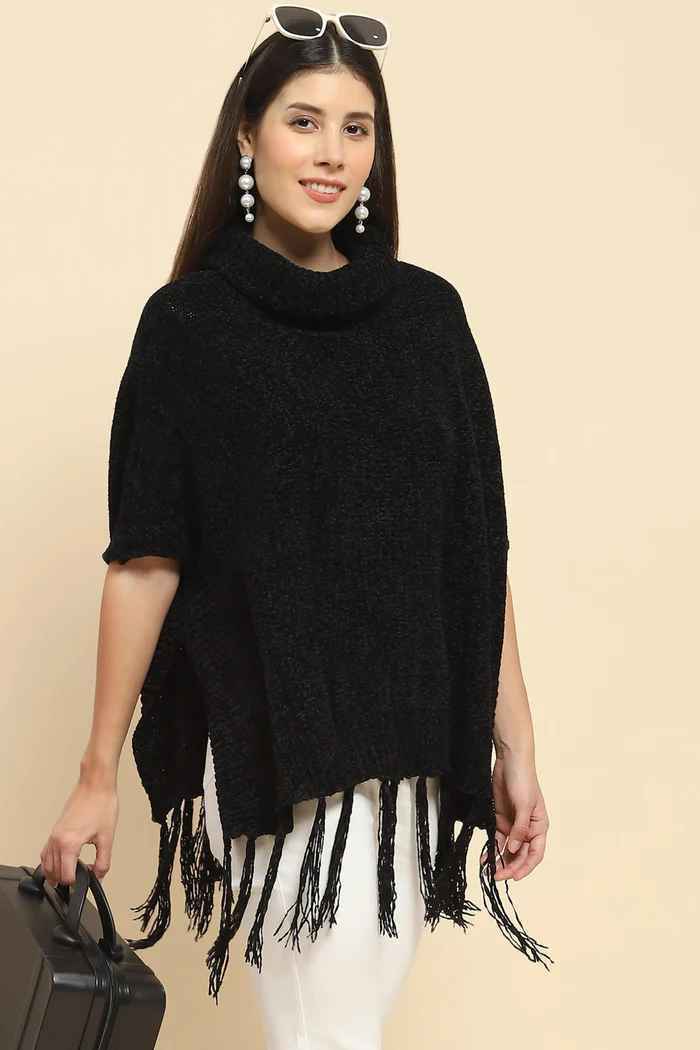 Black High-Neck Knitted Poncho with Tassel Fringe - Image 3