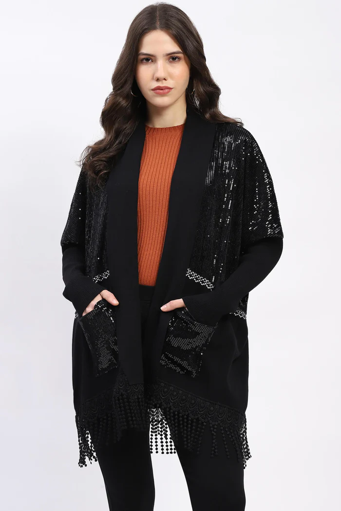 Black Sequin Embellished Cardigan with Fringed Hem - Image 7