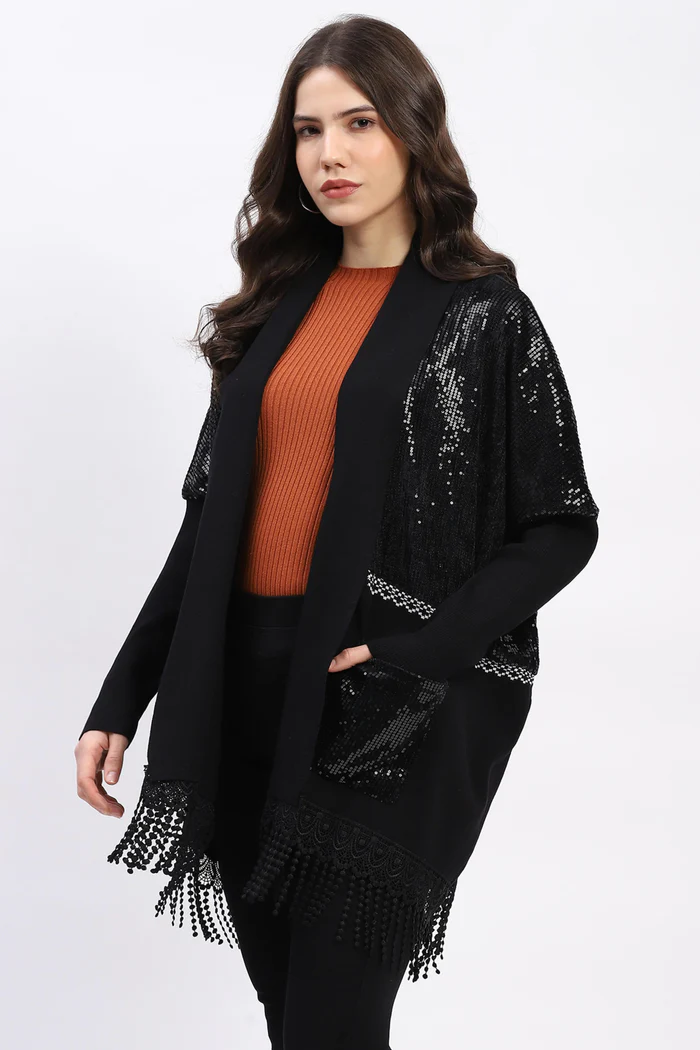 Black Sequin Embellished Cardigan with Fringed Hem - Image 6