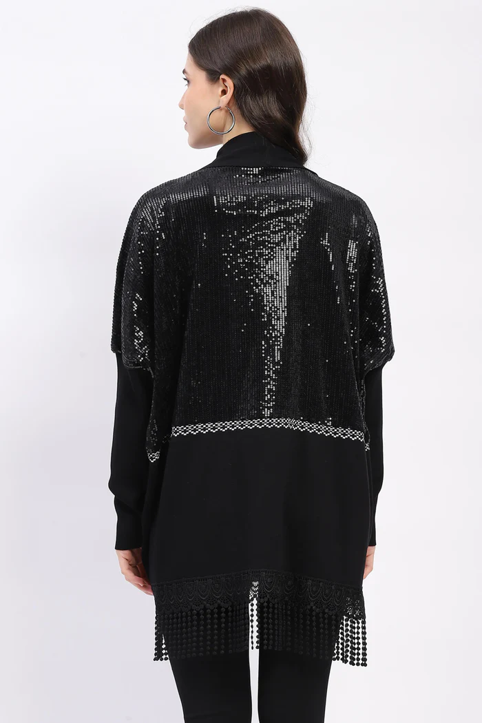 Black Sequin Embellished Cardigan with Fringed Hem - Image 4