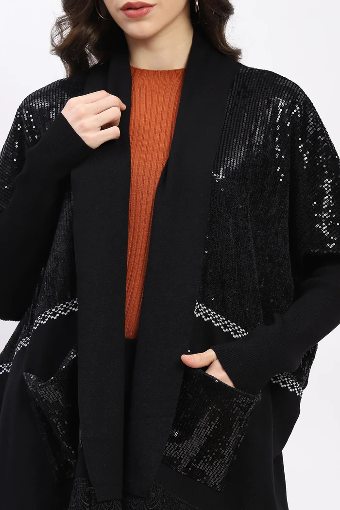 Black Sequin Embellished Cardigan with Fringed Hem - Image 3