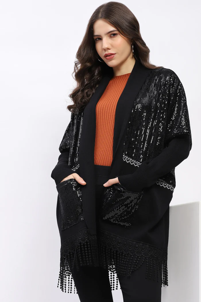 Black Sequin Embellished Cardigan with Fringed Hem