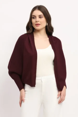 Maroon Ribbed Knit Batwing Shrug Cardigan
