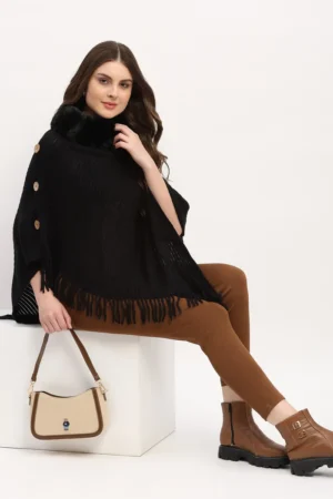 Black Ribbed Knit Poncho with Faux Fur Collar & Buttons