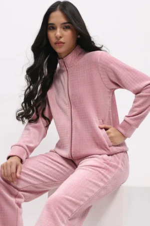 Dusty Pink Textured Velour Zip-Up Tracksuit
