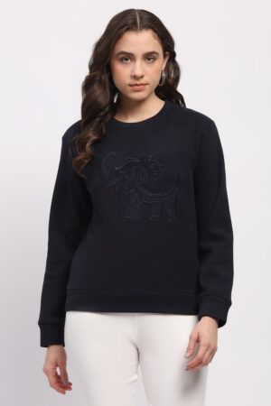 Navy Blue Elephant Embroidered Crew Neck Sweatshirt
