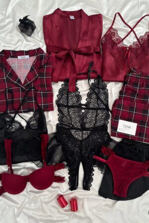 Crimson Plaid & Black Lace 9-Piece Luxury Mega Set