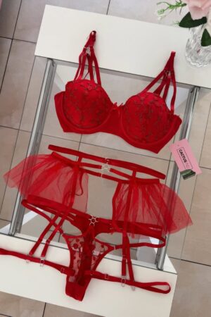 Scarlet Red & Gold Embroidered "Tutu" Lingerie Set