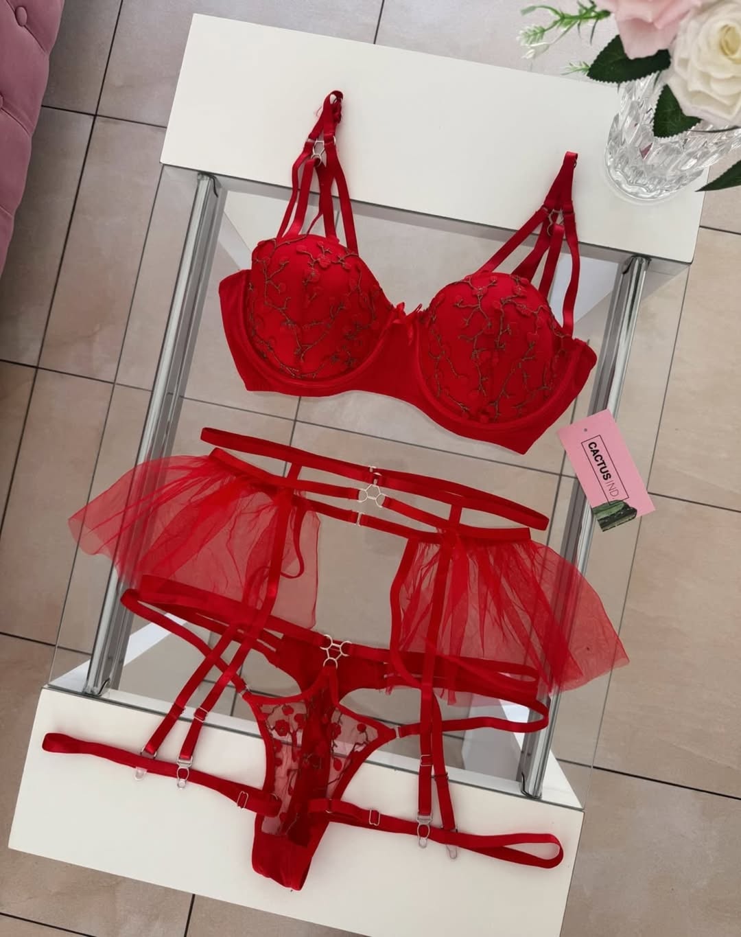 Scarlet Red & Gold Embroidered "Tutu" Lingerie Set