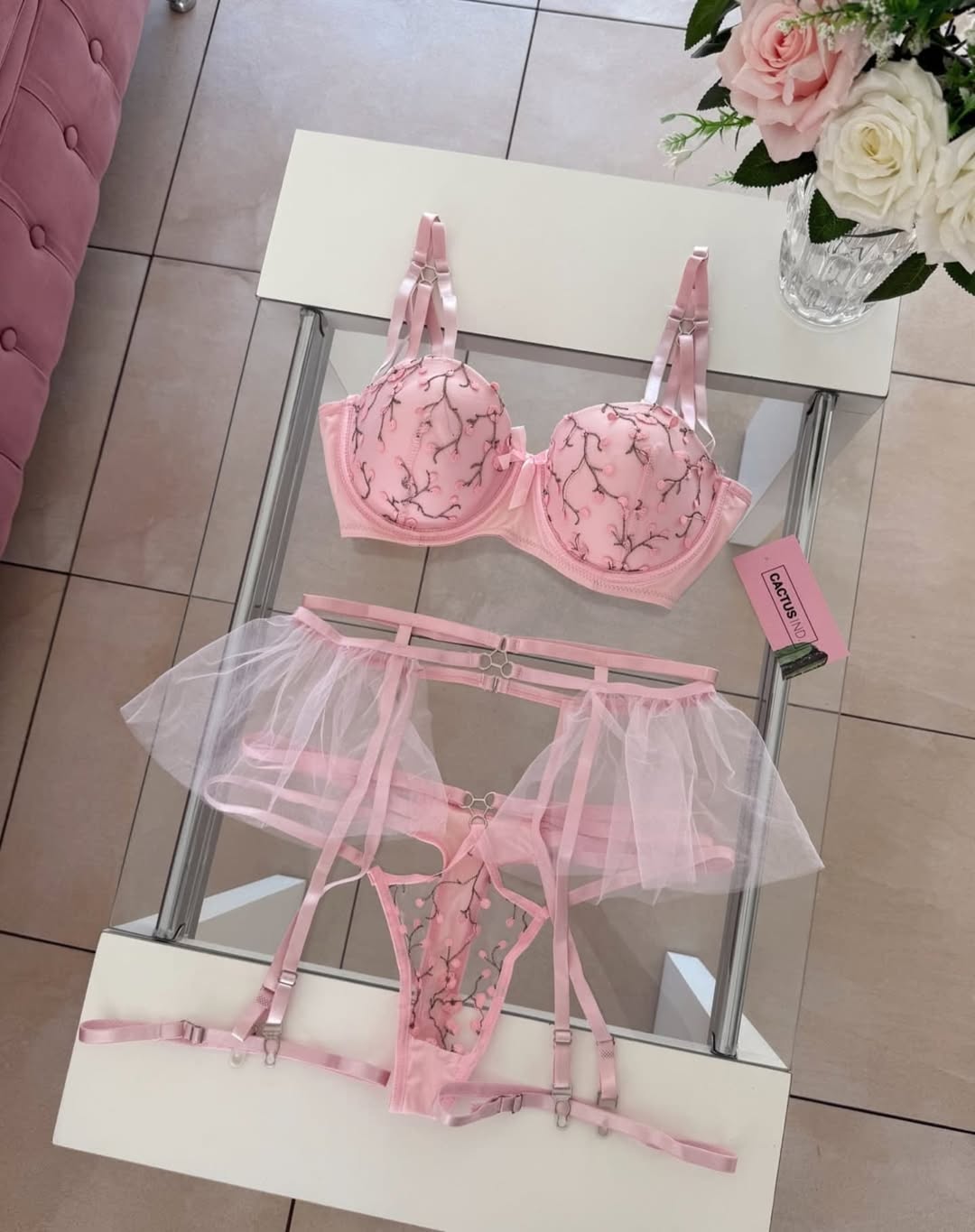 Blush Pink & Floral Embroidered "Tutu" Lingerie Set