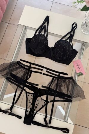 Midnight Black & Silver Embroidered "Tutu" Lingerie Set