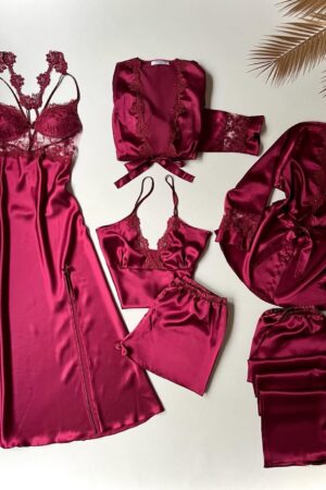 Wine Red Luxury 7-Piece Satin & Lace Trousseau Set