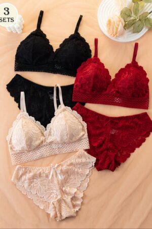 Premium Floral Lace Lingerie Set – Pack of 3 (Black, Red, & Beige)