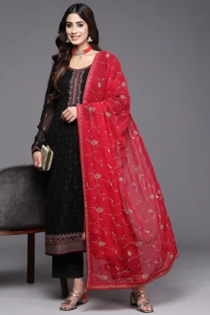 Black Georgette Embroidered Straight Suit with Red Dupatta