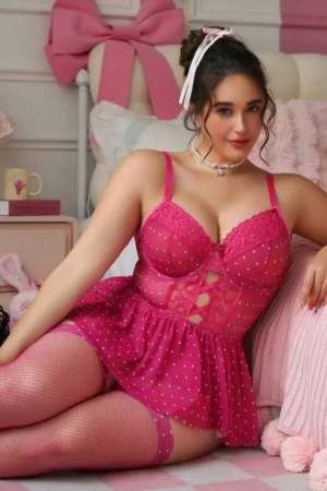 Hot Pink Polka Dot Mesh Babydoll Lingerie Set