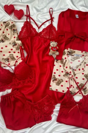 Teddy Bear Print & Red Satin 8-Piece Gift Set