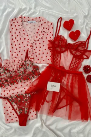 Strawberry Print Pajama & Red Floral Lingerie 5-Piece Gift Set