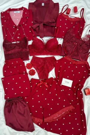 Ultimate 11-Piece Red Heart Print & Satin Sleepwear Collection