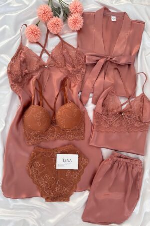 Rust Terracotta Satin & Lace 6-Piece Luxury Sleepwear Set