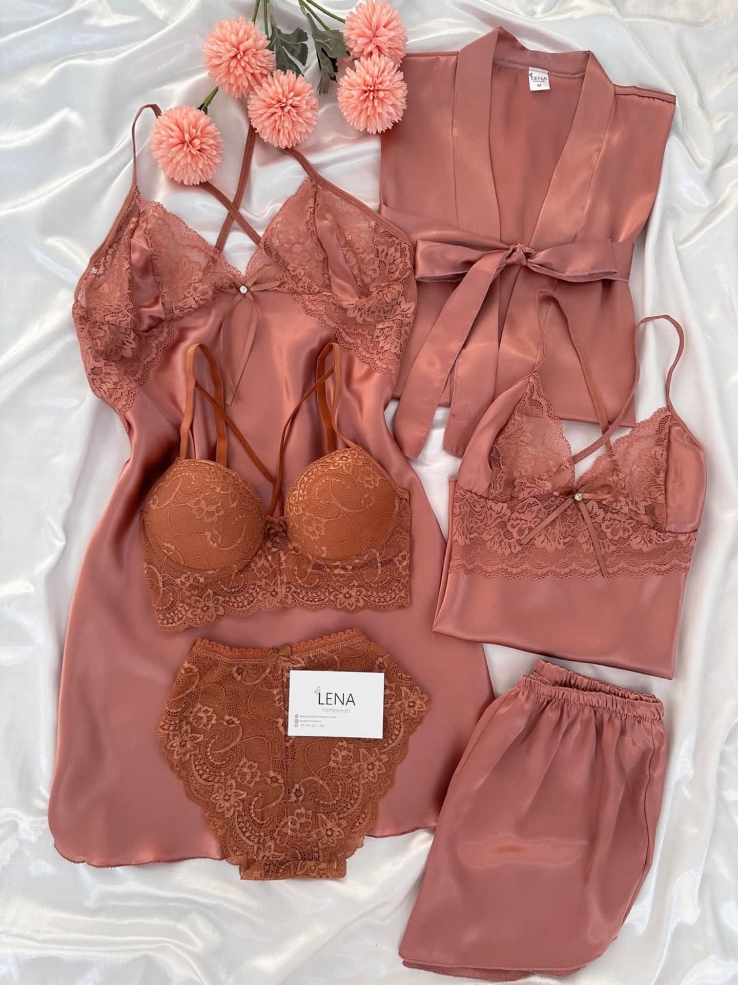 Rust Terracotta Satin & Lace 6-Piece Luxury Sleepwear Set
