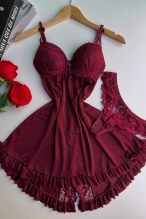 Wine Red Lace & Ruffle Babydoll Lingerie Set