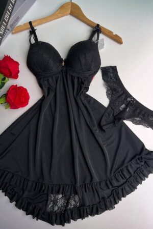 Midnight Black Lace & Ruffle Babydoll Lingerie Set